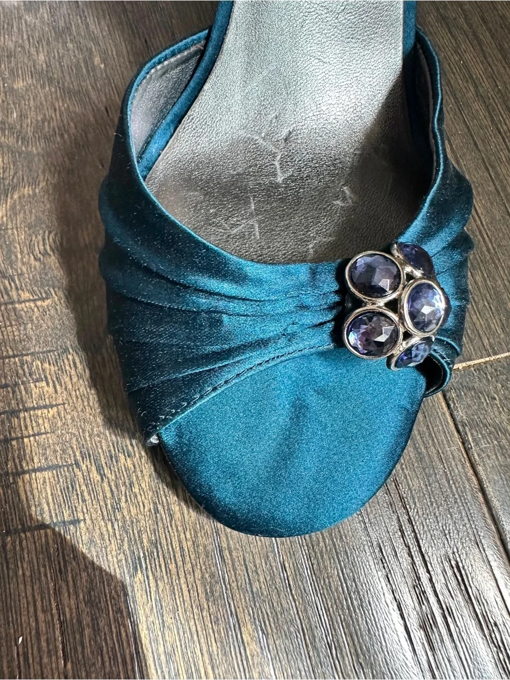 Nine West Teal Satin Peep-Toe Heels with Gem Accent, Size 8
